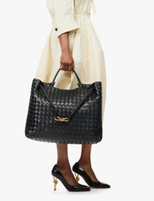 Bottega Veneta Large Andiamo Leather Top Handle Bag In Black-m Brass-black