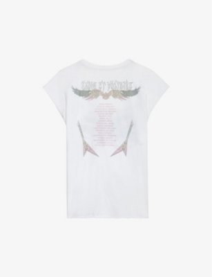 Shop Zadig & Voltaire Zadig&voltaire Women's Blanc Cecilia Diamanté-embellished Drop-sleeve Organic-cotton T-shirt