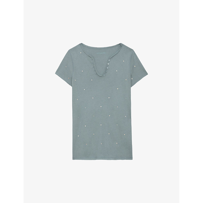 Shop Zadig & Voltaire Zadig&voltaire Women's Glacier Tunisien Button-neck Diamanté-embellished Cotton T-shirt
