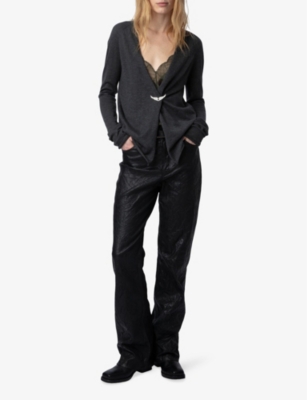 Shop Zadig & Voltaire Zadig&voltaire Women's Kaki Slate Daffy Wing-embellished Slim-fit Cashmere Cardigan