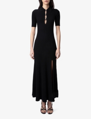 Shop Zadig & Voltaire Zadig&voltaire Womens Noir Lysa Cut-out Knitted Merino-wool Blend Maxi Dress
