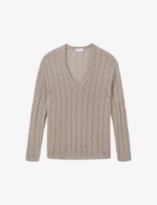 The White Company Womens Taupe V-neck Cable-knit Linen Jumper