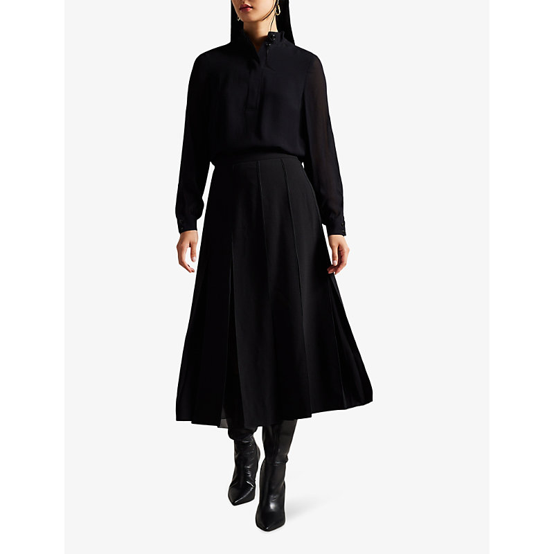 Shop Ted Baker Addelia Sheer-panel High-rise Woven Midi Skirt In Black