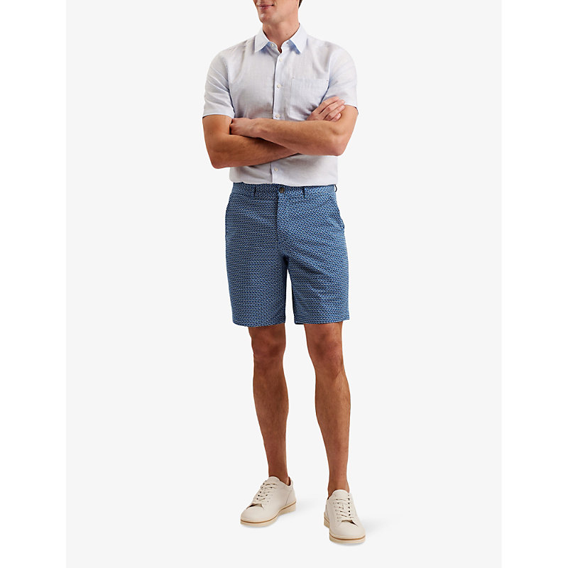 Shop Ted Baker Dulwick Geometric-print Stretch-cotton Shorts In Blue
