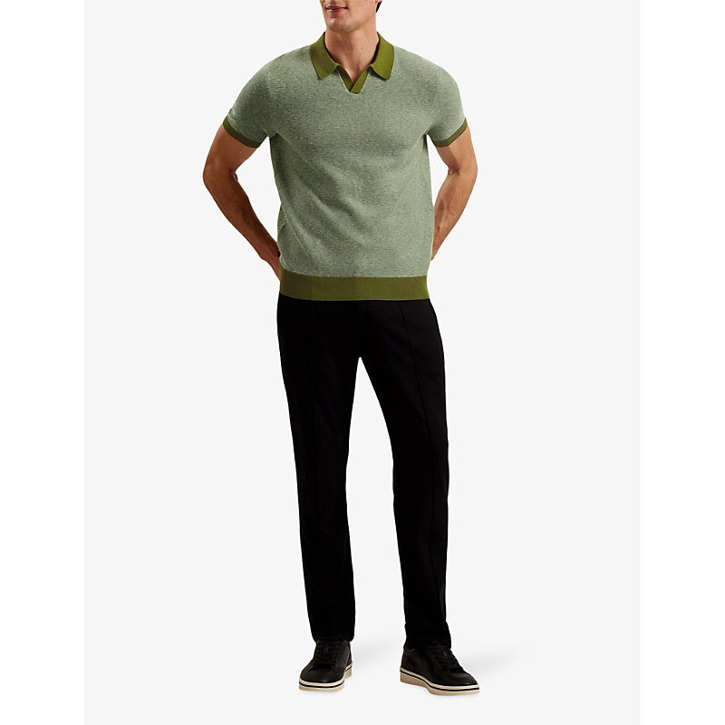 Shop Ted Baker Wulder Open-neck Regular-fit Knitted Polo In Green