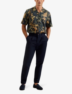 Shop Ted Baker Men's Black Moselle Floral-print Relaxed-fit Linen And Cotton-blend Shirt