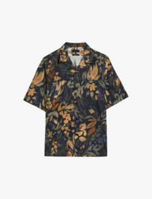 Shop Ted Baker Men's Black Moselle Floral-print Relaxed-fit Linen And Cotton-blend Shirt