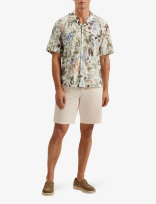Shop Ted Baker Mens Stone Moselle Floral-print Relaxed-fit Linen And Cotton-blend Shirt