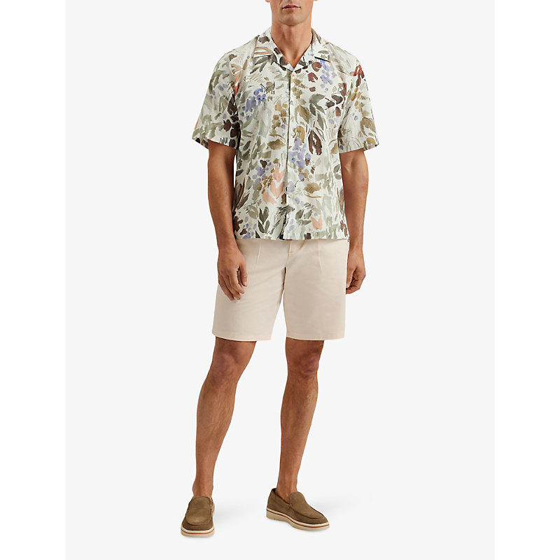 Shop Ted Baker Men's Stone Moselle Floral-print Relaxed-fit Linen And Cotton-blend Shirt