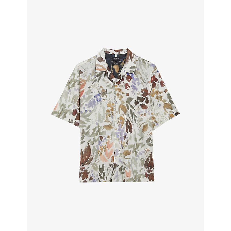 Shop Ted Baker Moselle Floral-print Relaxed-fit Linen And Cotton-blend Shirt In Stone