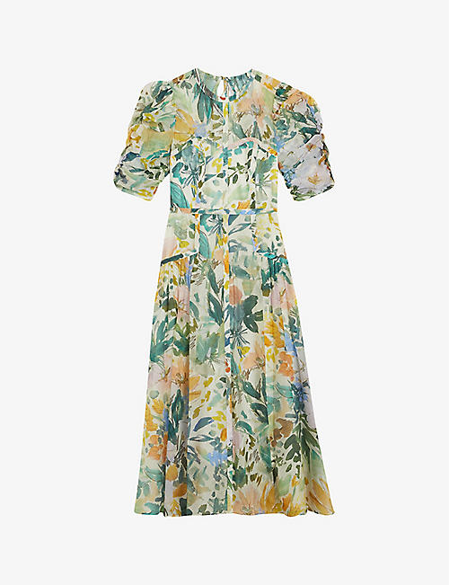 TED BAKER: Mincia floral-print puff-sleeve woven midi dress