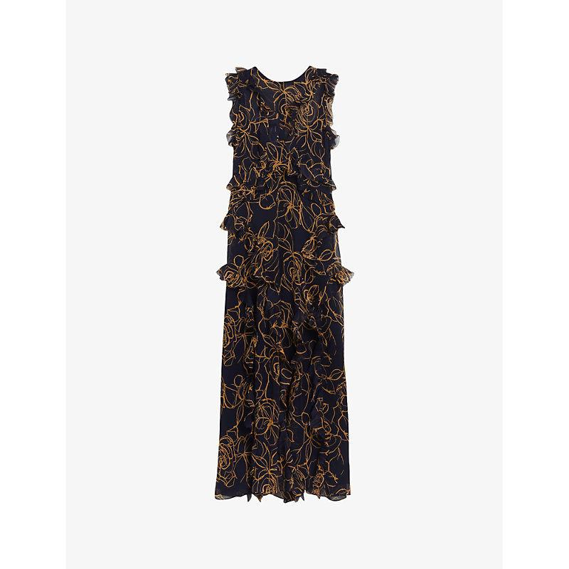 Ted Baker Womens Navy Rize Floral-print Ruffle Woven Midi Dress