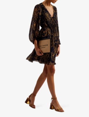 Shop Ted Baker Kumiko Floral-print Tie-front Woven Mini Dress In Navy