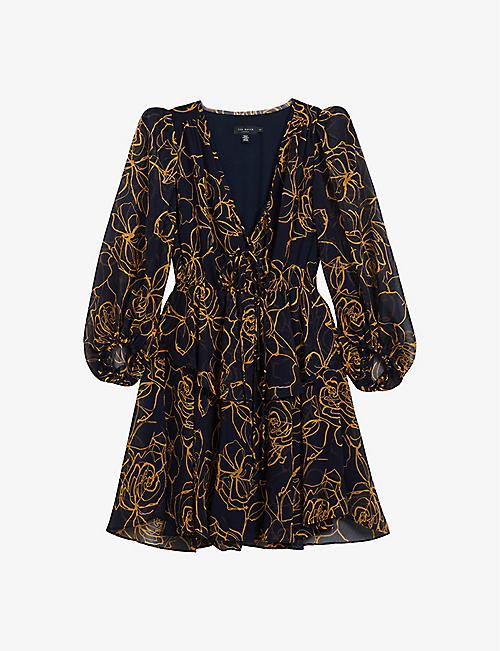 TED BAKER: Kumiko floral-print tie-front woven mini dress