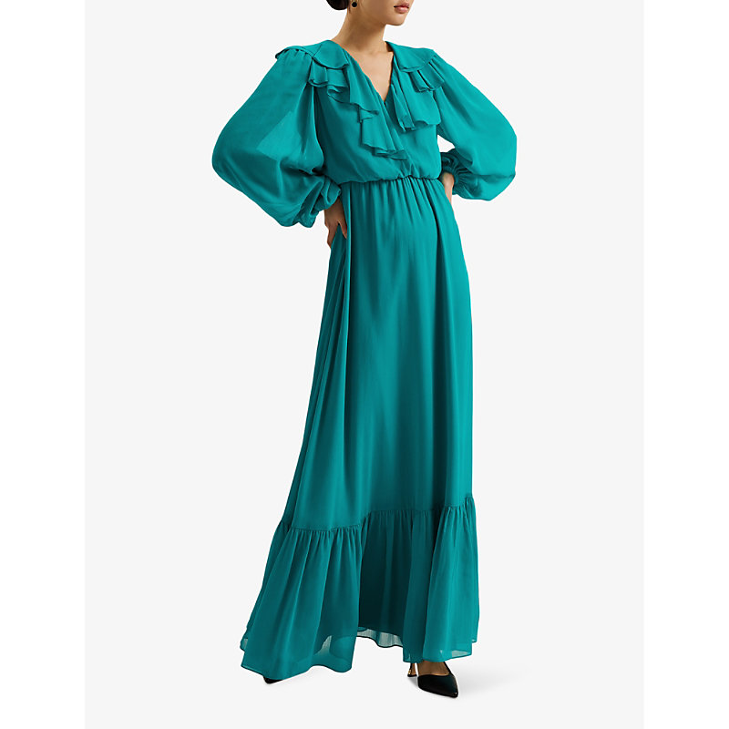 Shop Ted Baker Keina Ruffle-neck Long-sleeve Woven Maxi Dress In Green