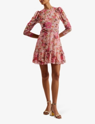 Shop Ted Baker Women's Pink Mildrd Floral-print Long-sleeve Stretch-mesh Mini Dress