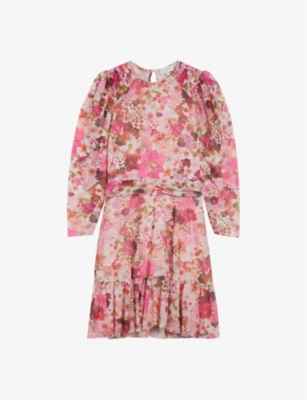 TED BAKER TED BAKER WOMEN'S PINK MILDRD FLORAL-PRINT LONG-SLEEVE STRETCH-MESH MINI DRESS