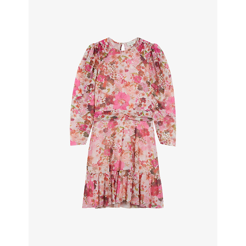 Shop Ted Baker Womens Pink Mildrd Floral-print Long-sleeve Stretch-mesh Mini Dress