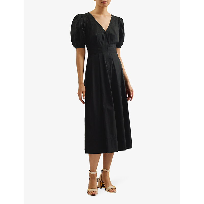 Shop Ted Baker Ledra V-neck Puff-sleeve Stretch-cotton Midi Dress In Black