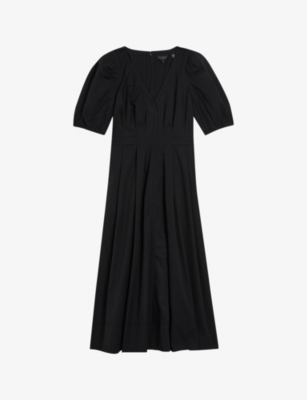 Ted Baker Womens Black Ledra V-neck Puff-sleeve Stretch-cotton Midi Dress