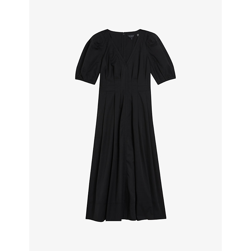 Ted Baker Womens Black Ledra V-neck Puff-sleeve Stretch-cotton Midi Dress