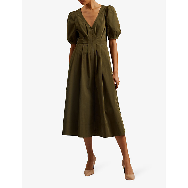 Shop Ted Baker Women's Khaki Ledra V-neck Puff-sleeve Stretch-cotton Midi Dress