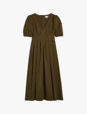Shop Ted Baker Ledra V-neck Puff-sleeve Stretch-cotton Midi Dress In Khaki