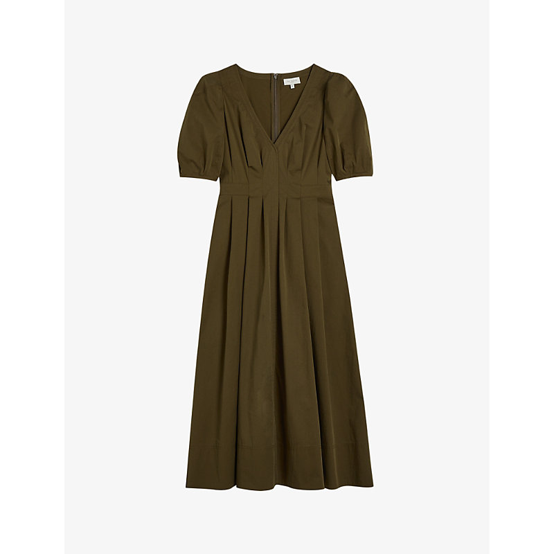 Shop Ted Baker Women's Khaki Ledra V-neck Puff-sleeve Stretch-cotton Midi Dress