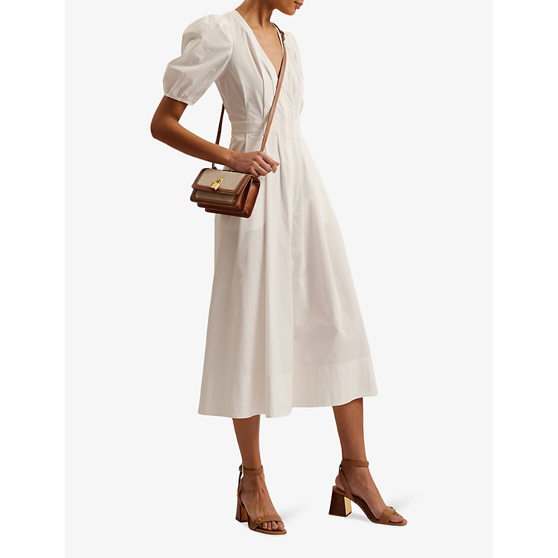 Shop Ted Baker Ledra V-neck Puff-sleeve Stretch-cotton Midi Dress In White