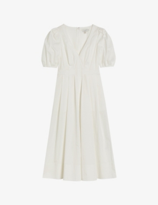 Shop Ted Baker Women's White Ledra V-neck Puff-sleeve Stretch-cotton Midi Dress
