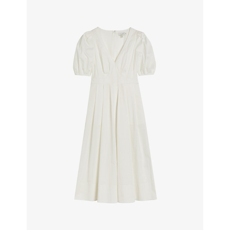 Shop Ted Baker Ledra V-neck Puff-sleeve Stretch-cotton Midi Dress In White