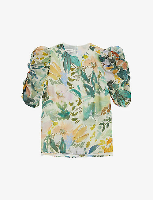 TED BAKER: Oasia floral-print puff-sleeve woven top