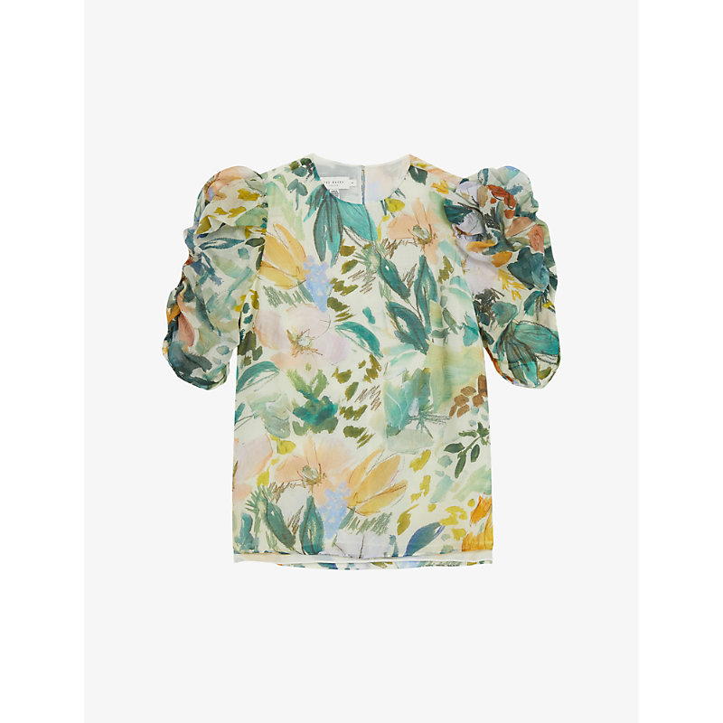 Shop Ted Baker Oasia Floral-print Puff-sleeve Woven Top In Ivory