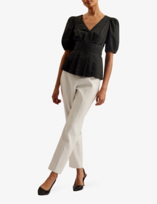 Shop Ted Baker Women's Black Burdur V-neck Puff-sleeve Stretch Cotton-blend Top