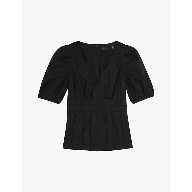 Ted Baker Womens Black Burdur V-neck Puff-sleeve Stretch Cotton-blend Top