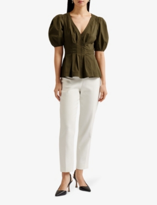 Shop Ted Baker Women's Khaki Burdur V-neck Puff-sleeve Stretch Cotton-blend Top