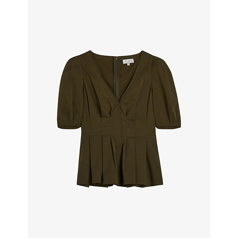 Shop Ted Baker Women's Khaki Burdur V-neck Puff-sleeve Stretch Cotton-blend Top