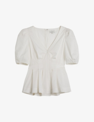 Ted Baker Womens White Burdur V-neck Puff-sleeve Stretch Cotton-blend Top