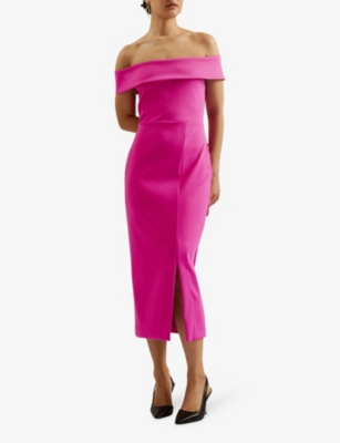 Shop Ted Baker Womens Purple Lerren Off-shoulder Slim-fit Stretch-woven Midi Dress