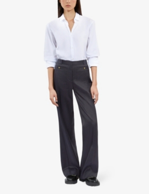 Shop The Kooples Women's Vy Button-embellished Straight-leg High-leg Woven Trousers In Navy
