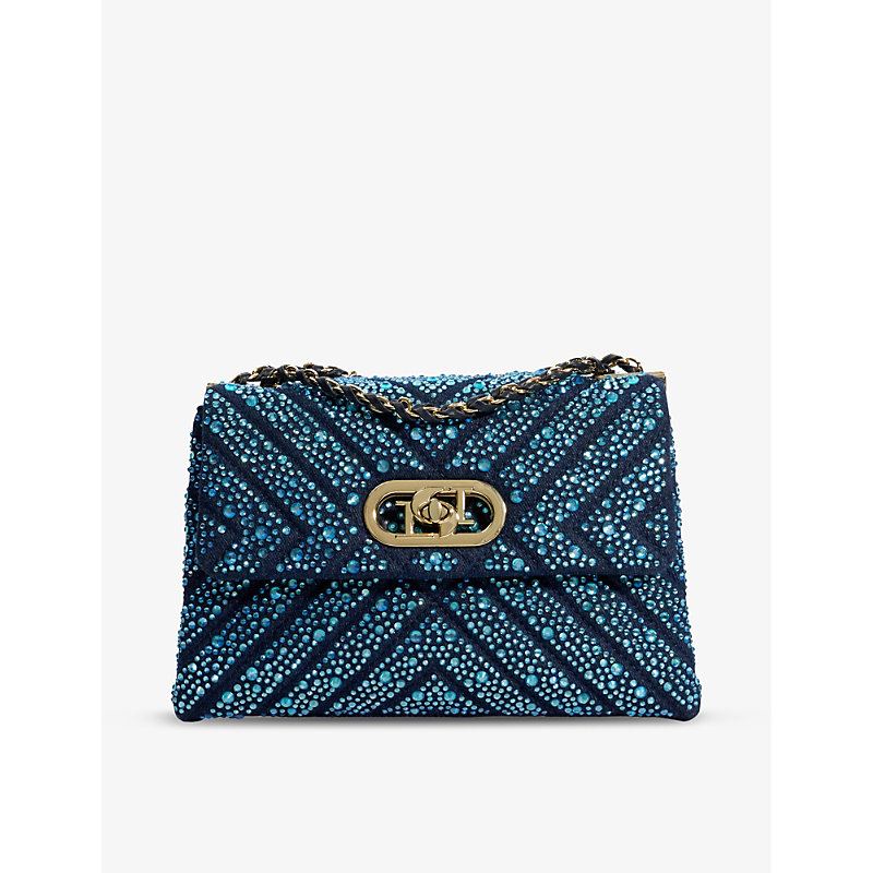 Shop Dune Women's Blue-denim Fabric Regent Small Crystal-embellished Quilted Woven Shoulder Bag