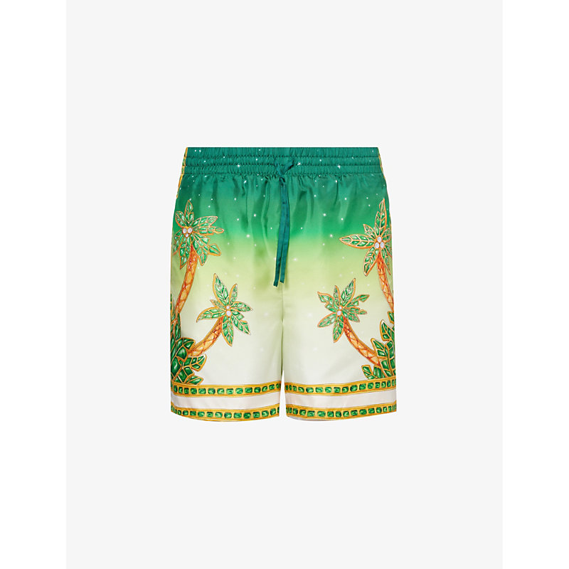 Shop Casablanca Joyaux D'afrique Graphic-print Silk Shorts In Green