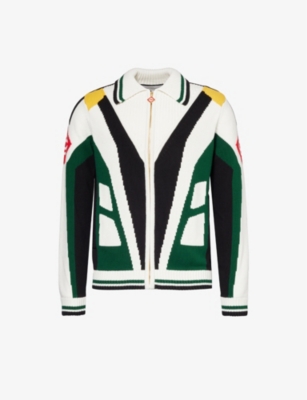Shop Casablanca Men's White Black Green Casa Racing Colour-block Knitted Cotton Jacket