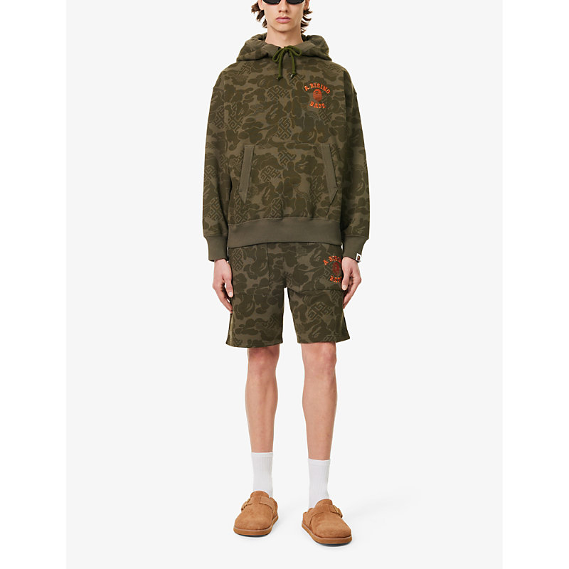 Shop A Bathing Ape Men's Olive Drab Asia Camo Brand-embroidered Cotton-jersey Hoody