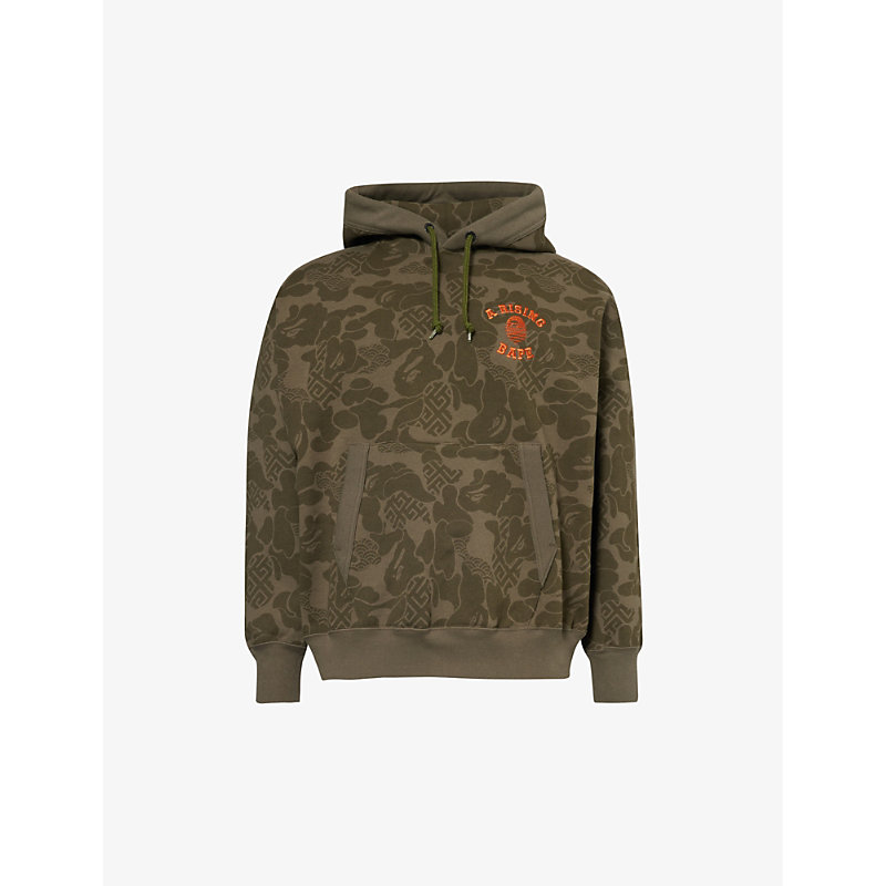 Shop A Bathing Ape Asia Camo Brand-embroidered Cotton-jersey Hoody In Olive Drab