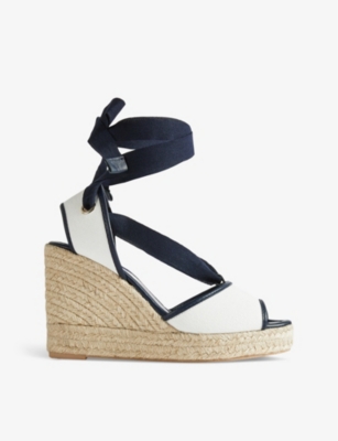 Shop Lk Bennett Women's Mul-vy/cream Chiara Self-tie Cotton Espadrille Wedges In Mul-navy/cream