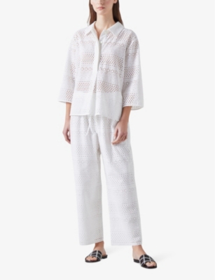 Lk Bennett Womens Whi-white Edie Broderie-anglaise Wide-leg Cotton Trousers In Whi-white