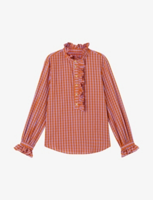 Shop Lk Bennett Women's Mul-orange Camille Gingham Seersucker-cotton Shirt