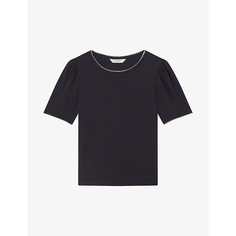 Lk Bennett Womens Blu-navy Lizzie Embroidered-trim Cotton-jersey T-shirt