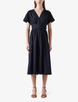 Shop Lk Bennett Womens Blu-vy Eva Fit-and-flare Cotton Midi Dress In Blu-navy